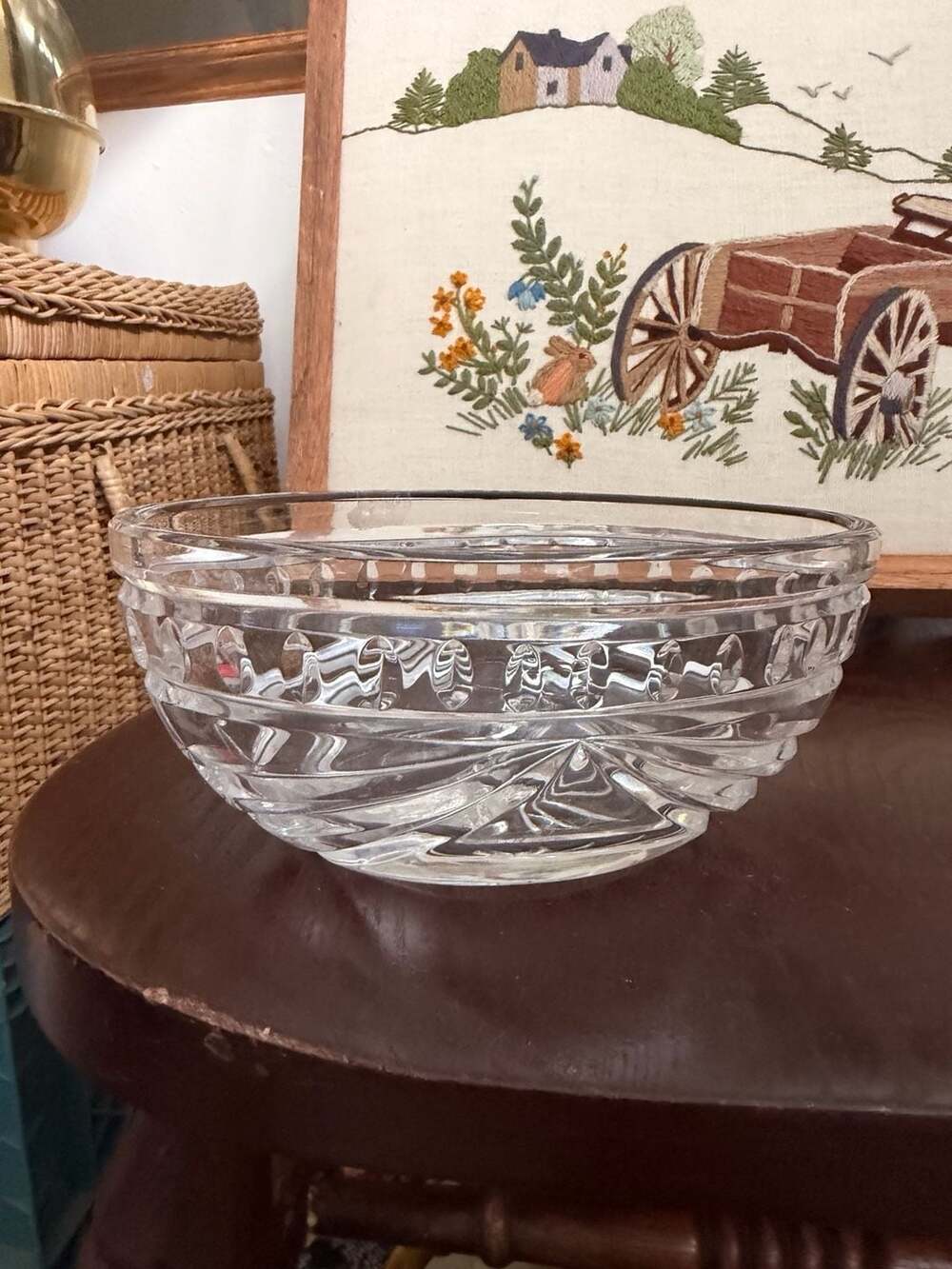 Classy Vintage Crystal Glass Serving Bowl Cut Floral Design Oval Shape